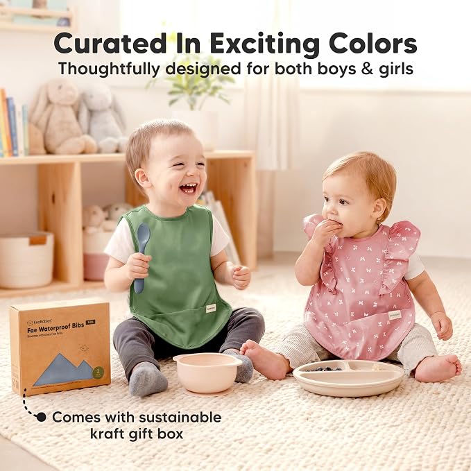 KeaBabies Waterproof Bibs for Baby Girl,Boy – 2-Pack Lightweight, Large Baby Bibs for Eating, Wearable Food Catcher, 6-12 Months Infant Feeding Essentials, Smock for Toddlers 1-3, Kids (Slate)