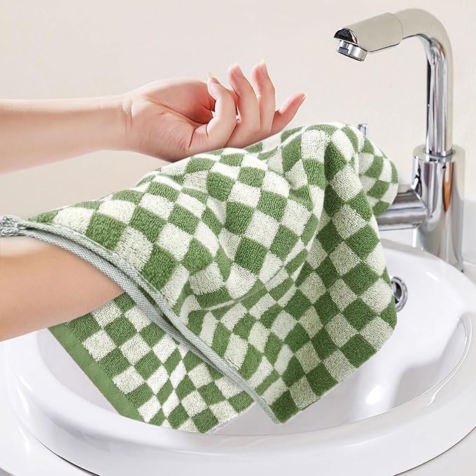 Jacquotha Green Hand Towels for Bathroom Set of 4 | Cute Checkered Bathroom Towels for Kitchen Decor, Lightweight for Bath Face Body