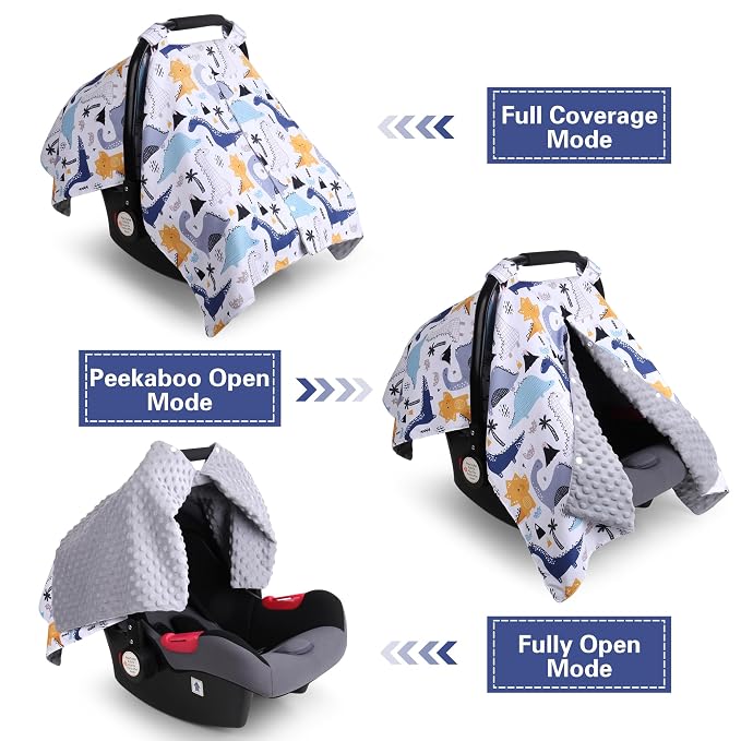 Rquite Baby Car Seat Cover, Carseat Covers Baby Boy, Minky Infant Car Seat Cover Winter, Peekaboo Opening Car Seat Canopy, Multi-use Baby Carrier, Stroller, Nursing Cover, Minky Blanket, Dinosaur
