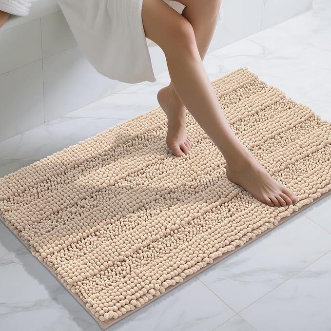 Yimobra Bathroom Rug Mat 44 x 24, Non Slip and Super Absorbent Bath Mat,Machine Washable Quick Dry,Ultra Plush Chenille Shower Rugs for Bathroom Floor Sink Tub and Shower Outside, Beige