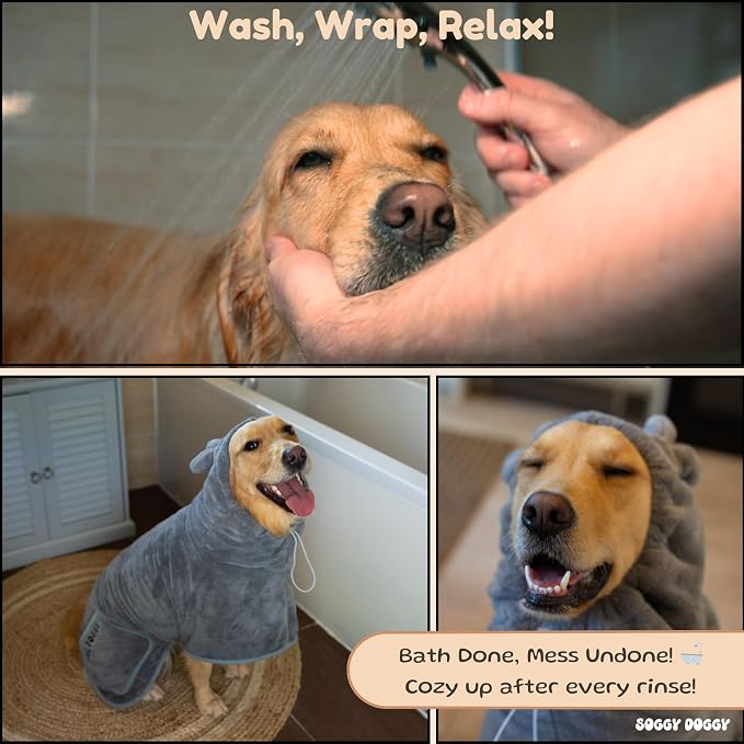 SOGGYDOGGY® US: Luxury Dog Bathrobe, Super Absorbent Microfiber Dog Bath Supplies, Fast Dry in Minutes, Thick & Soft Robe - Pet Grooming, Wash & Pet Hair Dryer - All-Season Dressing Gown (L)