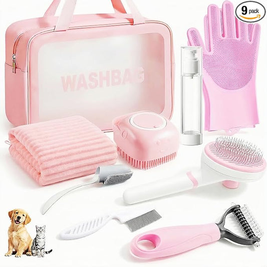 9PCS Dog Bath Kit & Dog Brush Kit for Dogs & Cats - Professional Pet Grooming Tools Set with Shedding Brush, Bath Scrubber, Dematting Comb & Storage Bag - Complete Dog Washing Essentials, Pink