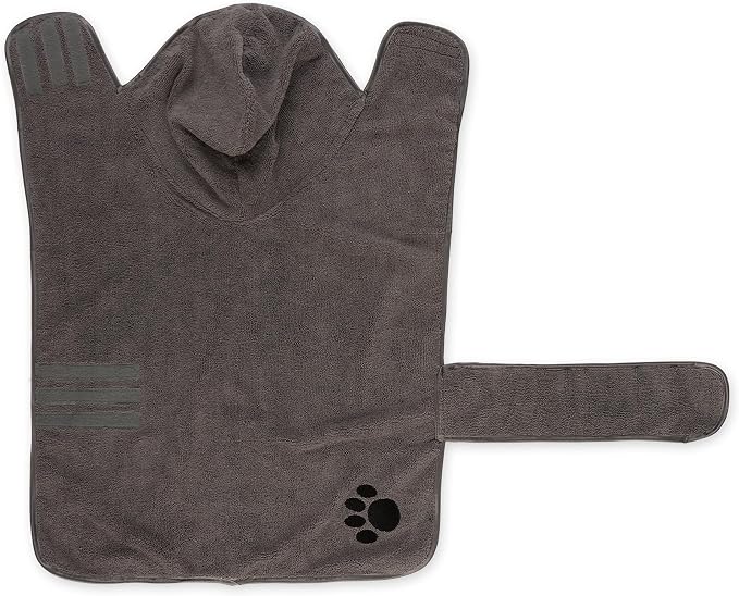 Bone Dry Pet Robe Collection Embroidered Absorbent Microfiber Bath Robe with Adjustable Closure, for Dogs & Cats, Large, Gray