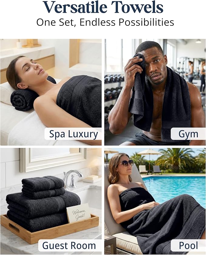 LANE LINEN 100% Cotton Towel Set for Bathroom - 16 Piece - Super Soft, Hotel Quality - 4 Bath, 8 Wash Cloths, 4 Hand Towels for Bathroom - Classic, Gentle on Skin, Ideal for Spa & Daily Use - Black