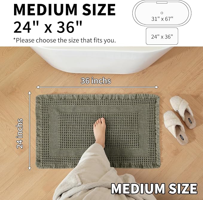 Waffle Bath Mat - Super Water Absorbing Bath Mat Quick Dry, Bathroom Rugs Non Slip Washable with Tassels, Rubber Backed Bathroom Mat for Bathroom Floor, Tub and Shower, 24" x 36", Olive Green