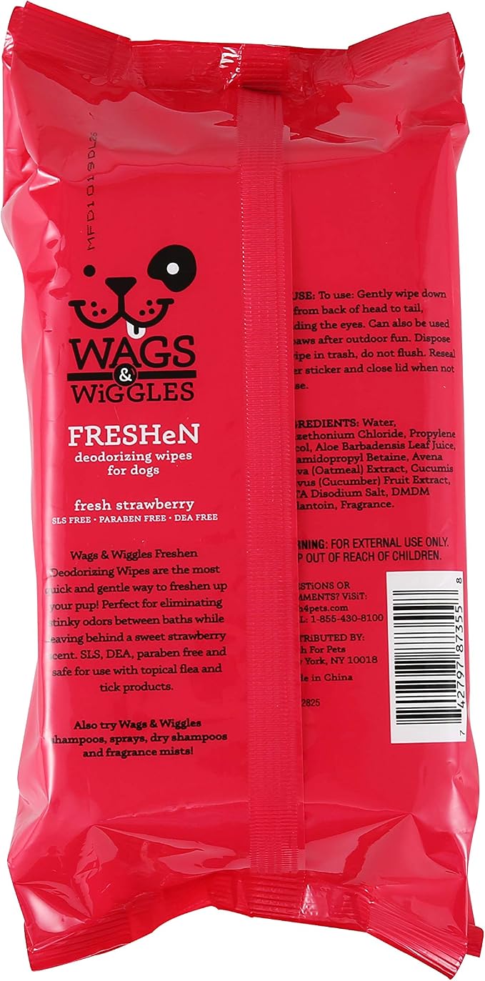 Wags and Wiggles Freshen Deodorizing Wipes for Dogs, Fresh Strawberry Scent - Dog Wipes that Eliminate Odors Between Baths, Easy at-Home Grooming, Dogs and Puppies, 100 Count (Pack of 2)