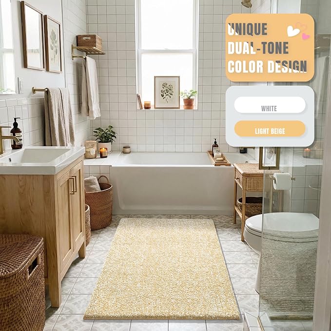 Yimobra Cushioned Anti-Fatigue Long Bathroom Runner Rug, Non Slip Washable Bath Mat, Dense Soft for Double Sink Vanity, Tired Feet Comfort, Absorbent, 47" X 24" (3.9' × 2.0'), Light Beige and White