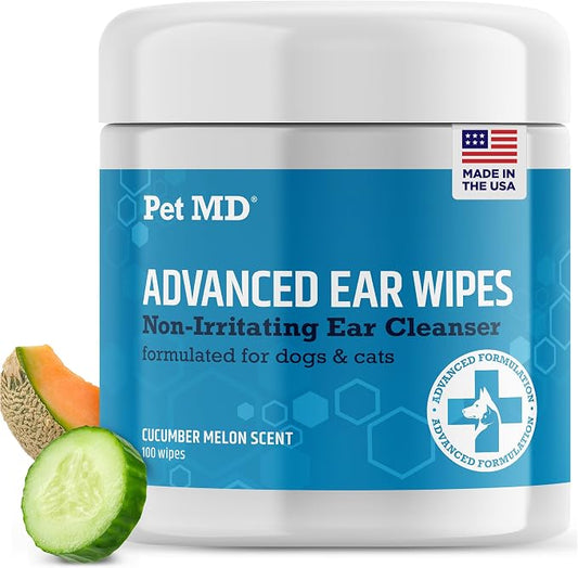 Pet MD Cat and Dog Ear Cleaner Wipes - Advanced Otic Veterinary Ear Cleaner Formula - Dog Ear Infection Treatment - 100 Count | Cleans & Removes Wax, Debris, and Build Up - Advanced Otic Cleaner - Pet Grooming Supplies Made in USA