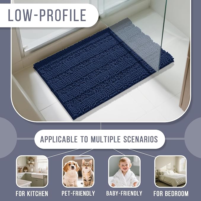 Yimobra Bathroom Rug Mat 24 x 17, Non Slip and Super Absorbent Bath Mat,Machine Washable Quick Dry,Ultra Plush Chenille Shower Rugs for Bathroom Floor Sink Tub and Shower Outside,Navy Blue