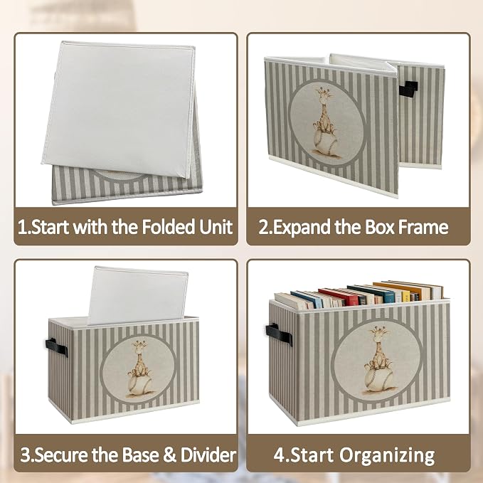 Giraffe Baseball Nursery Foldable Storage Bins Box with Handles, Neutral Striped Baseball Giraffe Collapsible Organizer Basket for Kids Bedroom Bathroom Playroom Clothes Books