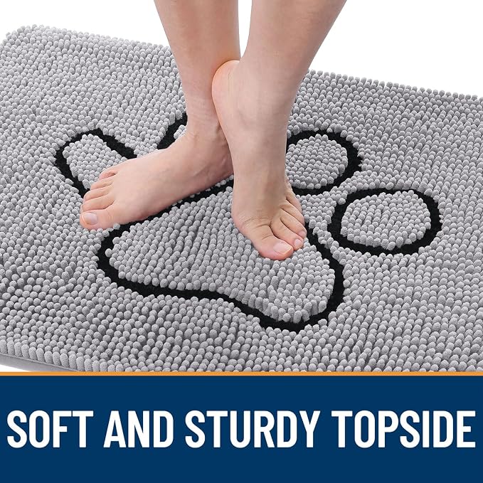 OLANLY Dog Door Mat for Muddy Paws 30x20, Paw Print Design, Absorbs Moisture and Dirt, Non-Slip Washable Doormat, Quick Dry Chenille Mud Mat for Dogs, Entry Indoor Entryway Carpet, Light Grey
