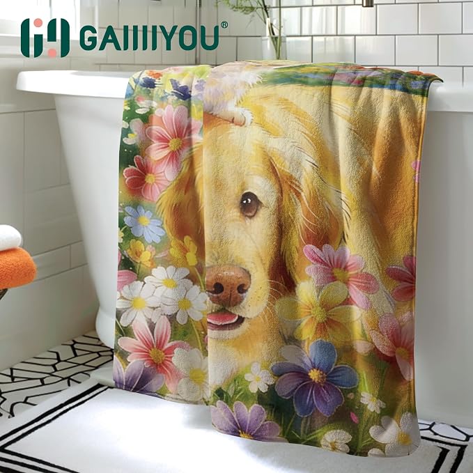 Cute Animals Printed Bath Towels Large Soft Absorbent Fleece Bathroom Towels with Dog Design