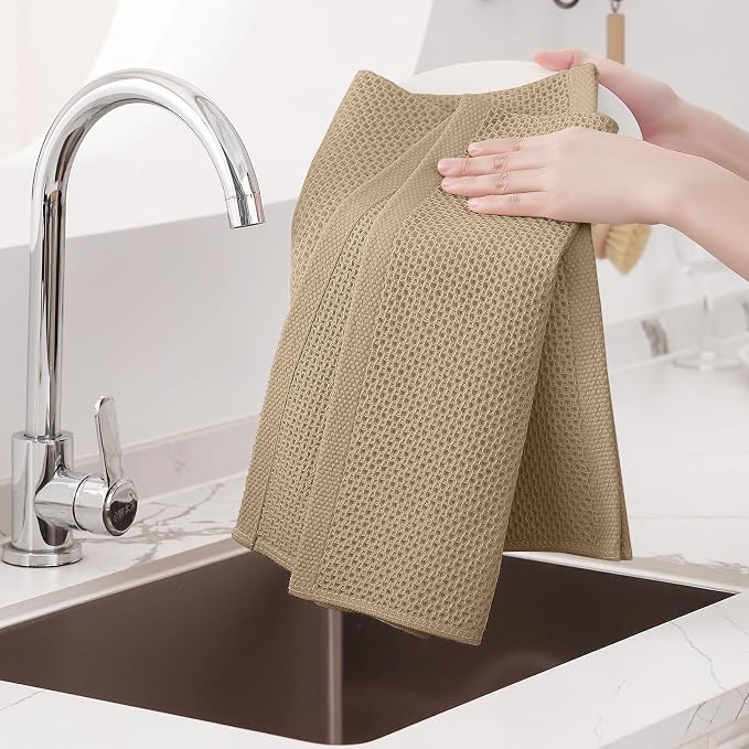 Homaxy 100% Cotton Oversized Waffle Weave Kitchen Dish Towels, Ultra Soft Absorbent Quick Drying Cleaning Towel, 20x28 Inches, 8-Pack, Tan