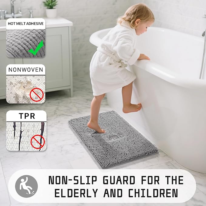 Yimobra Long Bathroom Rugs 44"x24", Extra Soft Non Slip Bath Mat for Tub, Super Absorbent Quick Dry Shaggy Rug Floor Carpet, Machine Washable,Gray