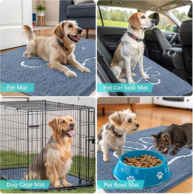 OLANLY Dog Door Mat for Muddy Paws 32x20, Paw Print Design, Absorbs Moisture and Dirt, Non-Slip Washable Doormat, Quick Dry Chenille Mud Mat, Entry Indoor Entryway Carpet, Airy Blue and White