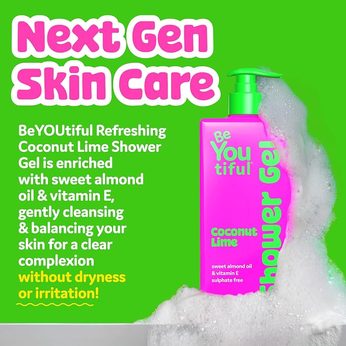 BeYoutiful Coconut Lime Body Wash Soap for Teens and KIds, Shower Gel, 32oz | Moisturizing Natural Ingredients for Sensitive Skin, Hydrating Shower Gel, Cruelty Free Teen Tween Girl Skin Care