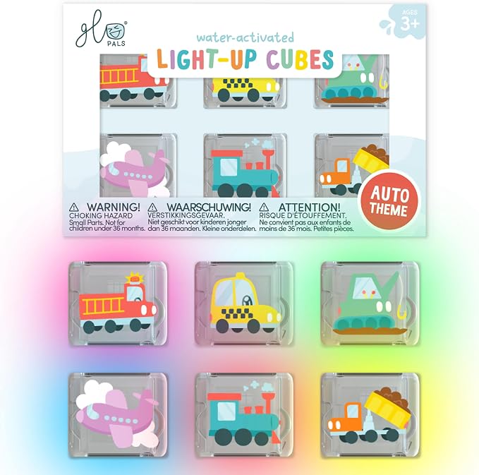 Glo Pals Water-Activated Light-Up Sensory Bath Toy Cubes for Bathtime and Sensory Play, Automobiles, Vibrant Light-Up Colored Cubes for Kids and Toddlers, Pack of 6