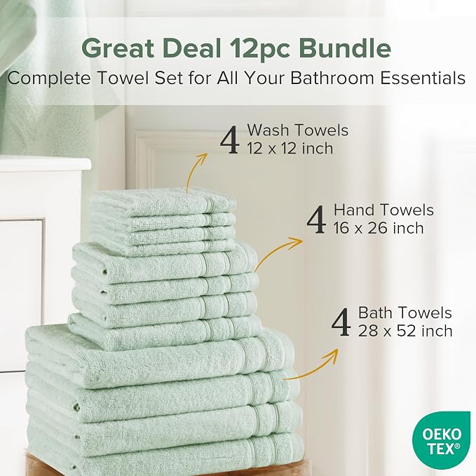 Comfort Spaces 12 Pc Towel Set, 100% Cotton Zero Twist, Seafoam Green | Zero Twist Cotton, Quick Dry Ultra Soft, 4 Bath 4 Hand 4 Washcloth, Lightweight Absorbent for Everyday Bathroom Use