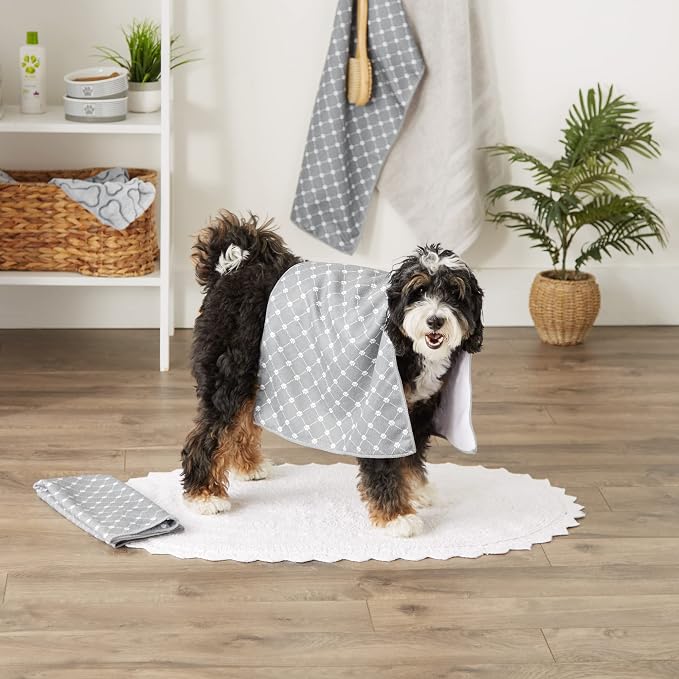 Bone Dry Pet Grooming Towel Collection Trellis Print, Microfiber Absorbent Drying Set, 15x30, Gray, 3 Count