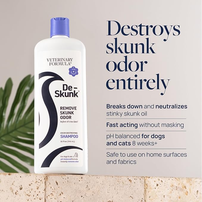Veterinary Formula De-Skunk Odor Destroying Shampoo for Dogs, 32 oz – Professional Strength Pet Wash Removes Tough Smell from Furniture, Carpet & Clothes – Fast Acting De-Greaser Formula