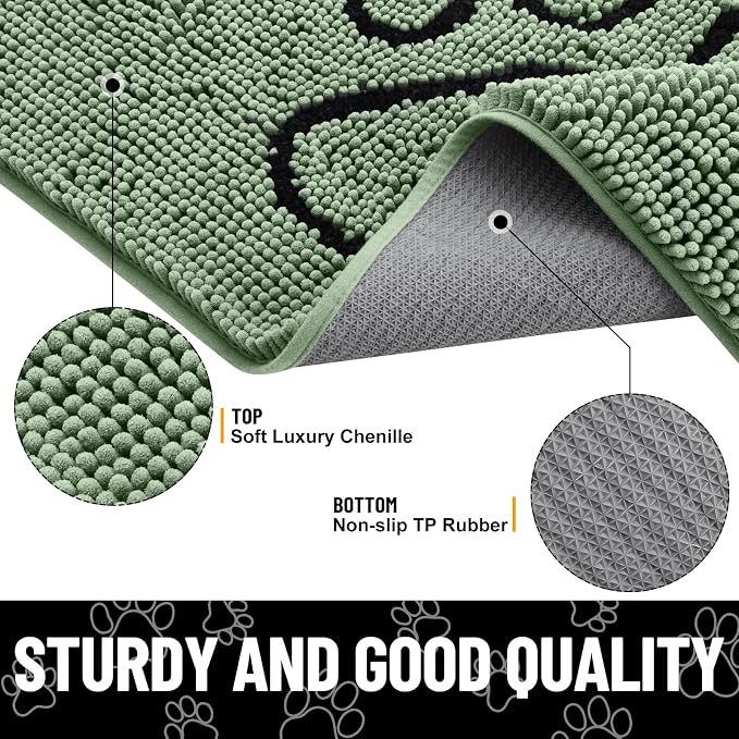 Smiry Dog Door Mat for Muddy Paws, Absorbent Dirt Trapper Non Slip Quick Dry Washable Chenille Mat for Mud Dogs, Entry Rug for Indoor and Outdoor (30x20 Inches, Olive Green and Black)