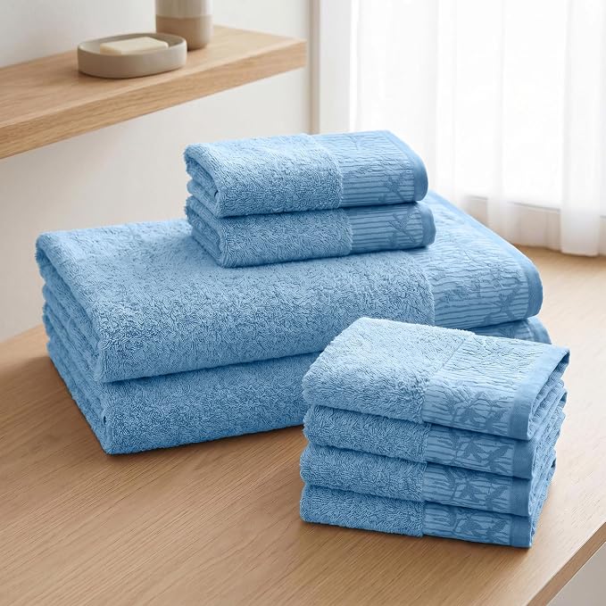 Superior 8-Piece Cotton Towel Set, Floral Jacquard Dobby Border, Quick Dry, Decorative Bathroom, Spa, Shower, Bath, Includes 2 Body, 2 Hand, 4 Face Towels/Washcloths, Wisteria Collection | Soft Absorbent Quick Dry Terry Weave, Hotel Quality, Wisteria T...