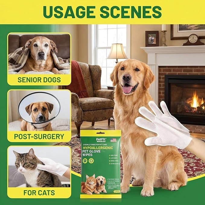 No Rinse Dog Bath Wipes & Cat Grooming Gloves, Extra Thick Waterless Pet Cleaning Mitts for Post-Surgery Recovery, Senior Dogs & Travel, Hypoallergenic Deodorizing - 6 Pack