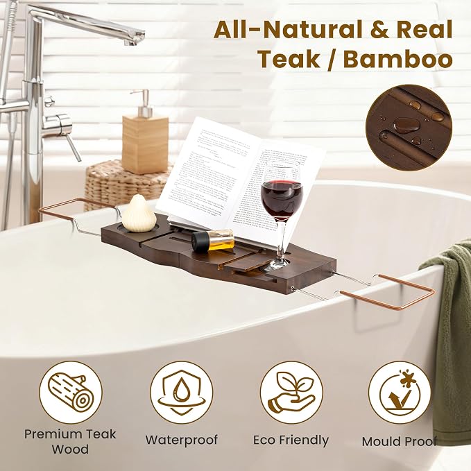 Dream Dark Walnut Teak Expandable Bathtub Caddy Tray | Dark walnut stained teak, expandable, gift-ready, wine book storage for deep tubs
