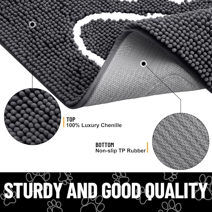 Smiry Dog Door Mat for Muddy Paws, Absorbent Dirt Trapper Non Slip Quick Dry Washable Chenille Mat for Mud Dogs, Entry Rug for Indoor and Outdoor (59x24 Inches, Dark Grey and White)