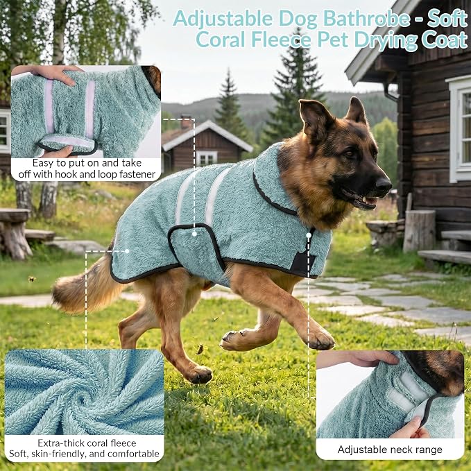Bienbee Dog Bathrobe, Quick Drying Super Absorbent Pet Robes for Small Medium Large Dogs, Drying Coat for After Bath & Swim, Warm & Cozy Dogs Towels, Dog Puppy Bath Supplies, Light Green XXL