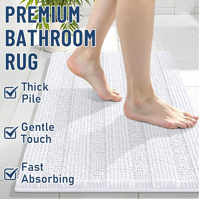 Grandaily Chenille Striped Bathroom Rugs 59x35, Extra Thick and Soft Absorbent Bath Mats, Rubber Backing, Plush Shaggy Shower Carpet, Machine Wash Dry, Bath Rug for Bathroom, Solid White