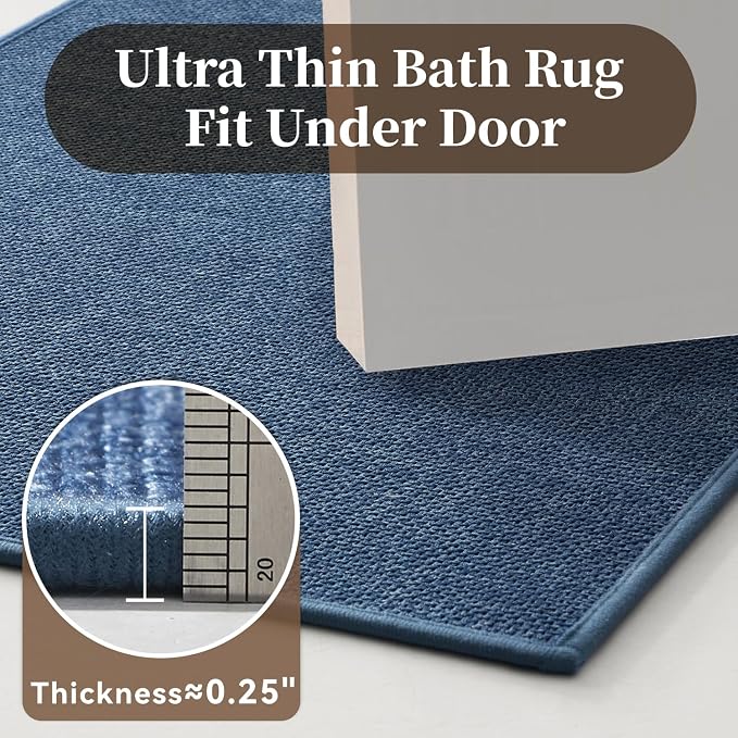MontVoo Bath Mat Rug-Ultra Thin Non Slip Bath Mats for Bathroom Mat Quick Dry, Rubber Backing Washable Bathroom Rugs Fit Under Door, Absorbent Bath Rugs for Floor,20"x32",Blue