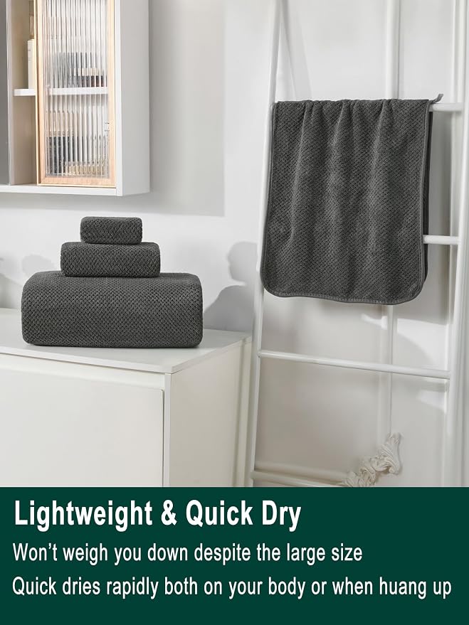 Extra Large Bath Sheet Set 3-Piece, 1 Bath Towel 40x80 Inches, 1 Hand Towel, 1 Washcloth, Soft Absorbent Quick Dry Microfiber Towel for Bathroom Beach Pool Gym Spa, Charcoal Gray