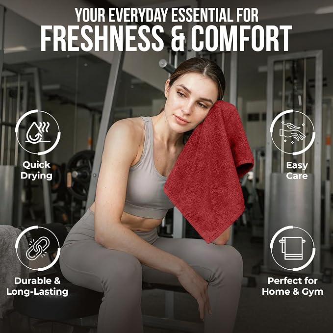 RIVERSIDE 12-Pack Premium 100% Cotton Red Face Towels for Bathroom [12x12] - Reusable Luxury Face Wash Cloths for Showering - 550 GSM Super Soft & Absorbent Washcloths for Body, Spa & Gym