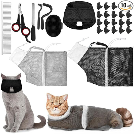 10 Pcs Cat Bathing Bag Set Pet Mesh Shower Bag Anti Bite and Scratch Pet Grooming for Washing Brush, Cat Muzzle, Nail Clipper, Nail File, Tick Tool(Gray and Black)