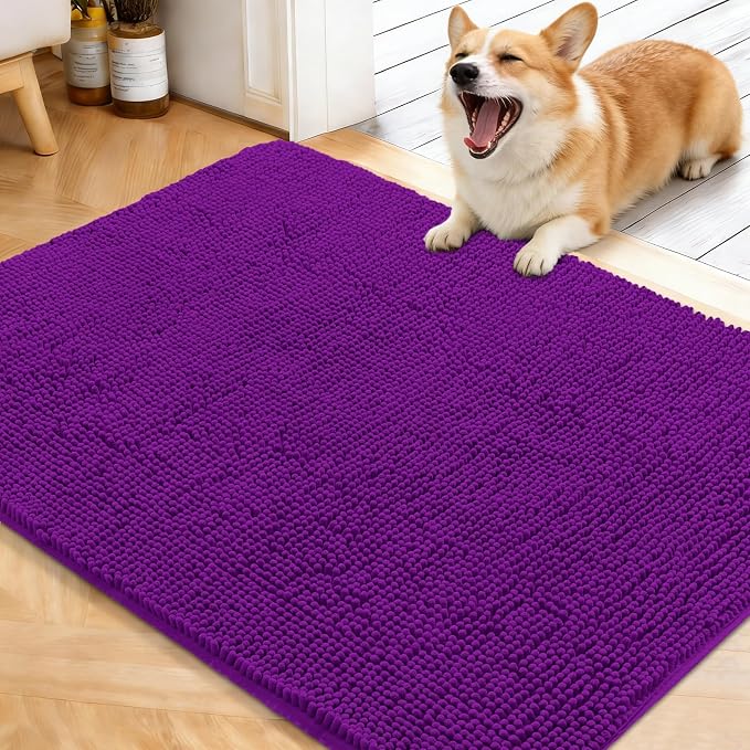 OLANLY Dog Door Mat for Muddy Paws 40x32, Absorbs Moisture and Dirt, Absorbent Non-Slip Washable Doormat, Quick Dry Chenille Mud Mat for Dogs, Entry Indoor Entryway Carpet for Inside Floor, Purple