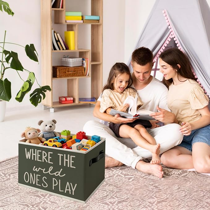 Green Boho Classroom Foldable Storage Bins Box with Handles, Where the Wild Ones Play Collapsible Organizer Basket for Kids Nursery Classroom Bedroom Playroom Toys Books