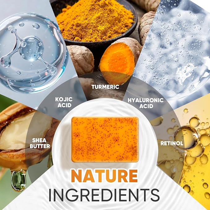 3P Turmeric Kojic Acid Soap Bars with African Exfoliating Net Sponge, Infused with Retinol, Vitamin E & Shea Butter - For Face & Body, SLS Free, Suitable for Oily & Dry Skin