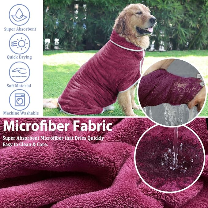 Dog Bathrobe Towel Dog Drying Coat - Super Absorbent Bath Robe for Drying Dogs Large, Soft Adjustable Collar & Belly Strap Fast Drying Coat Pet Dog Cat Bath Robe Towel (Purple, XX-Large)