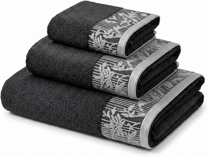 Superior Floral Jaquard Cotton Bathroom Towels, 3pc Towel Set, Black | Soft Absorbent Quick Dry Terry Weave, Hotel Quality, Wisteria Towels Includes 1 Bath Towel, 1 Hand Towel, 1 Face Washcloth