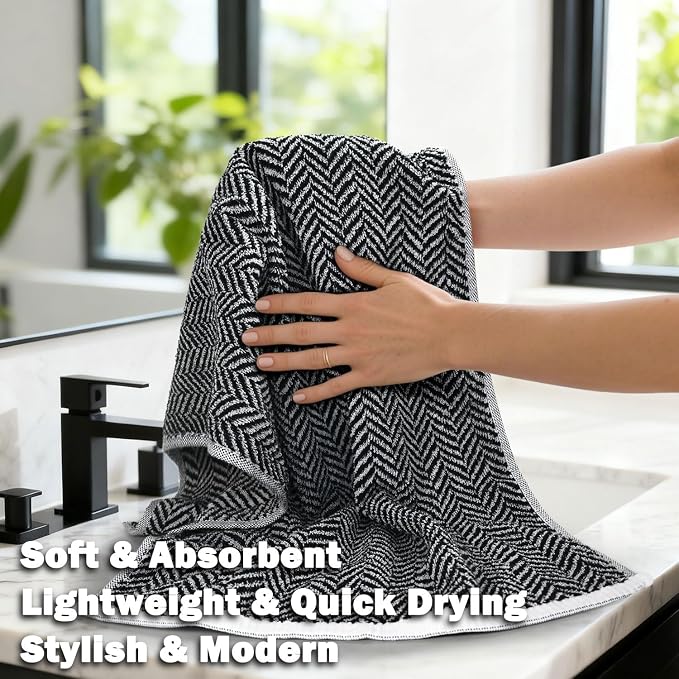 Cleanbear Black Hand Towels for Bathroom, 2 Pack Cotton Hand Towels with Herringbone Stripes, Soft Absorbent Quick-Dry, 14 x 29 Inches, Decorative Vintage for Bathroom & Kitchen