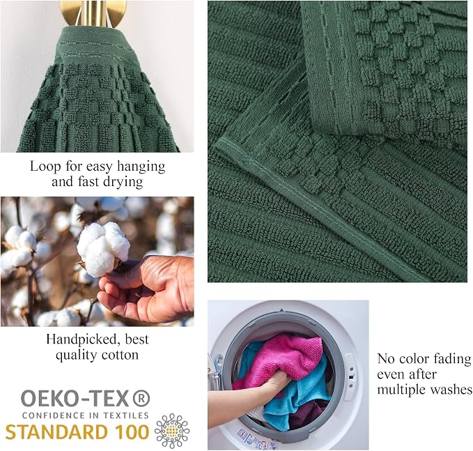 Superior Cotton Hand Towel Set of 4, Daily Use for Bathroom, Kitchen, Guest Bath, Quick Dry Small Towels, Face, Hand, Gym, Spa, Hotel, Absorbent, Essentials, Ribbed, Soho Collection, Forest Green