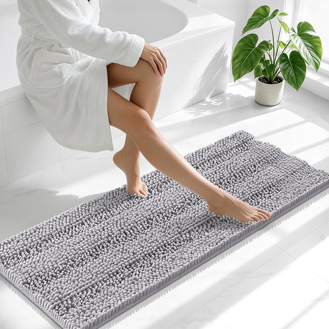 Smiry Thick Chenille Bathroom Runner Rugs 47x17, Extra Absorbent Striped Bath Mat, Machine Washable, Rubber Backing, Long Bath Rugs for Tub & Shower, Modern Home Decor Accessories, Grey