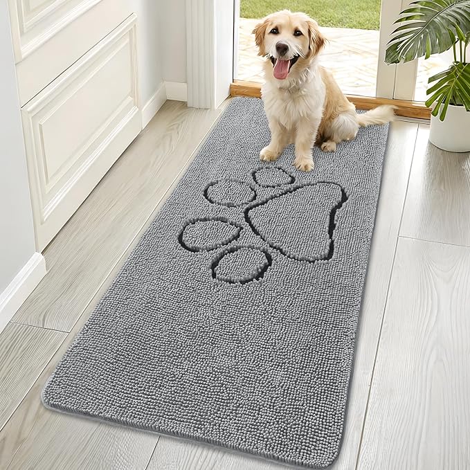 OLANLY Dog Door Mat for Muddy Paws 70x35, Paw Print Design, Absorbs Moisture and Dirt, Absorbent Non-Slip Washable Doormat, Quick Dry Chenille Mud Mat for Dogs, Entry Indoor Entryway Carpet, Grey