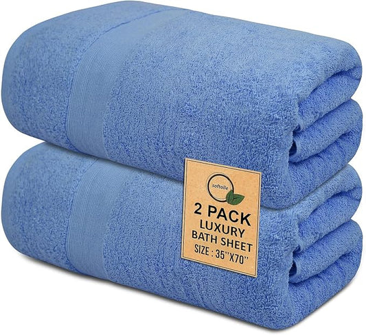 100% Cotton Luxury Bath Sheets - Pack of 2 (35" x 70") | Super Soft, Quick-Dry & Highly Absorbent Towels for Bathroom, Home, Spa & Gym (Sky Blue)