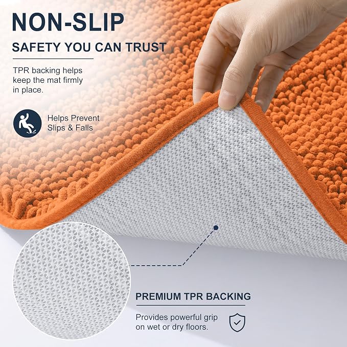 Smiry Thick Chenille Bathroom Rugs 30x20, Extra Soft Absorbent Striped Bath Mat, Machine Washable, Rubber Backing, Bath Rugs for Bathroom, Tub & Shower, Modern Home Decor Accessories, Clay