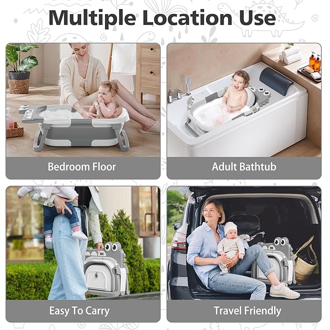 TPN Collapsible Baby Bathtub, Baby Bath Tub with Soft Cushion & Real-Time Thermometer, Baby Bathtub Infant to Toddler Tub (0-36 Months), Portable Newborn Travel Bath Tub