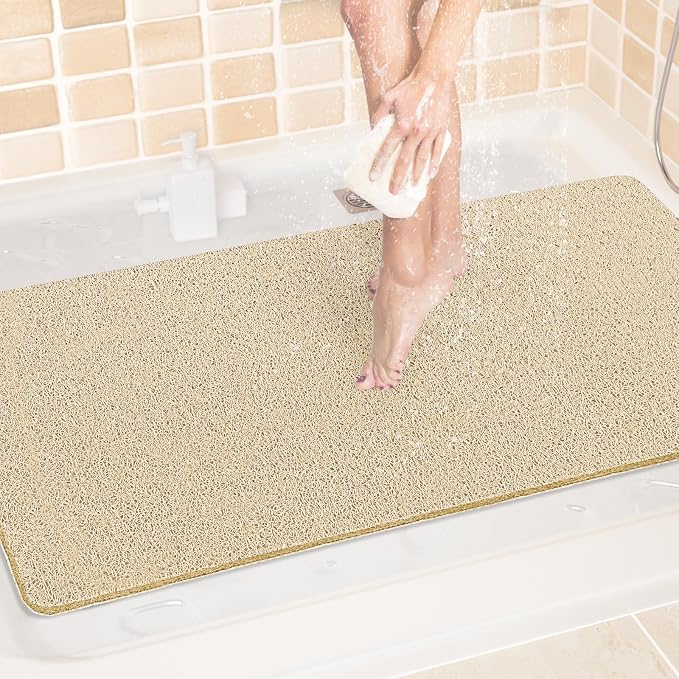 LuxStep Shower Mat Bathtub Mat,40x24 inch, Non-Slip Bath Mat with Drain, Quick Drying PVC Loofah Bathmat for Tub,Shower,Bathroom,Khaki