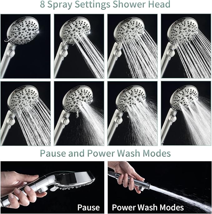 Handheld Shower Heads with ON OFF Switch,Extra Long 79-inch Hose 8 Spray Settings High Pressure Detachable Showerhead,Built-in Power Sprayer to Clean Pets, Adjustable Angle Bracket,Silver