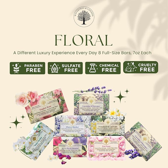 Wavertree & London Assorted Floral Scents Natural Soap Bars (Pack of 8), 7oz Moisturizing Triple Milled Soap Bars Enriched with Shea Butter and Pure Plant Oils | All Body & Bath Soap